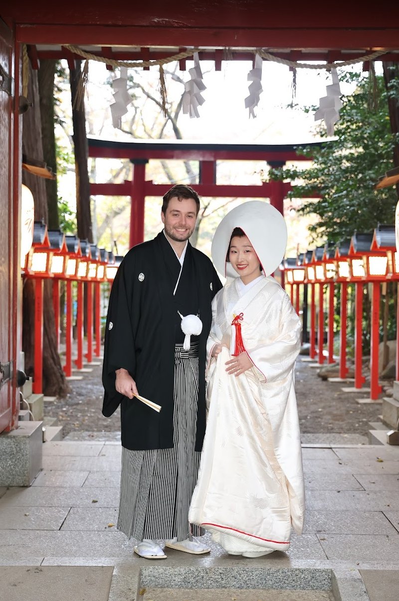 Daniel and his wife at their traditional Shinto wedding at Omiya Hachiman Shrine