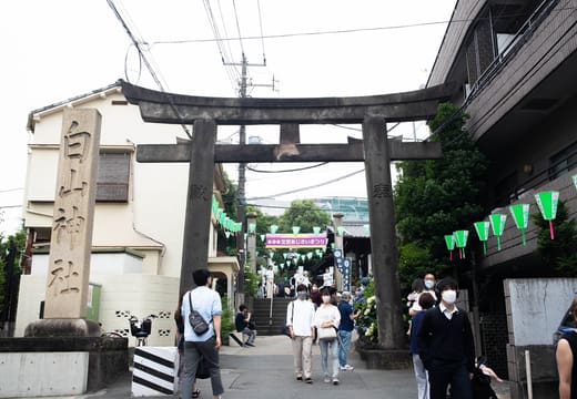 Torii gate entrance to Hakusan Shrine decorated with green festival banners during hydrangea festival