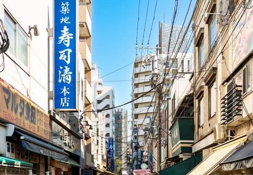 Morning shoppers walking a narrow street of stalls at Tsukiji Outer Market