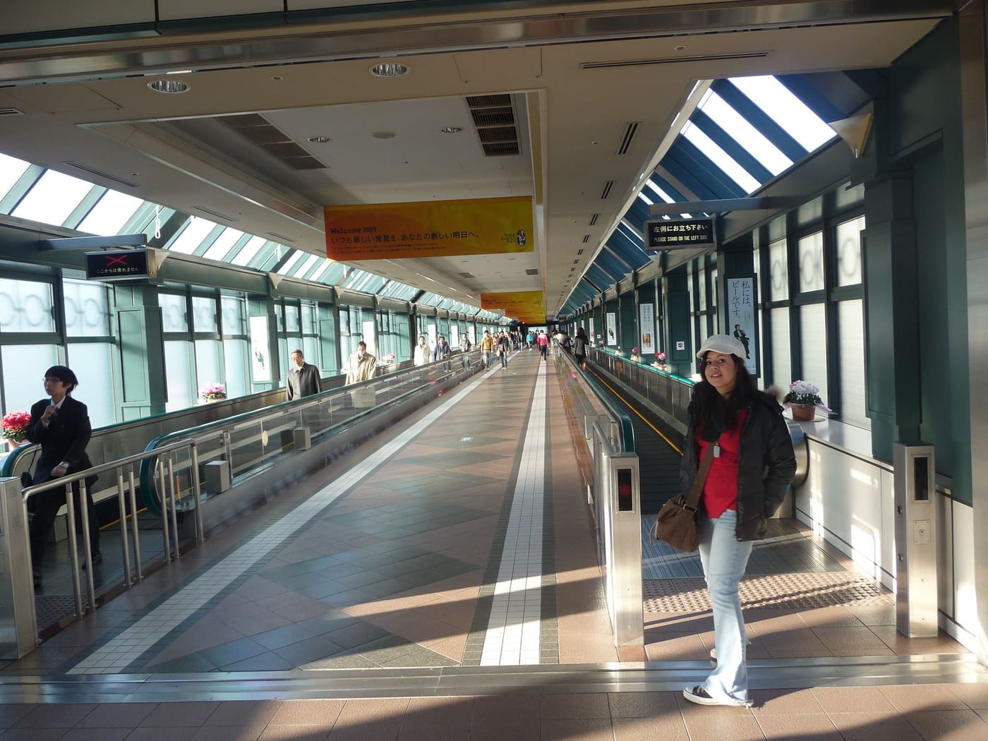 The covered Ebisu Skywalk moving walkway running from the station to Yebisu Garden Place