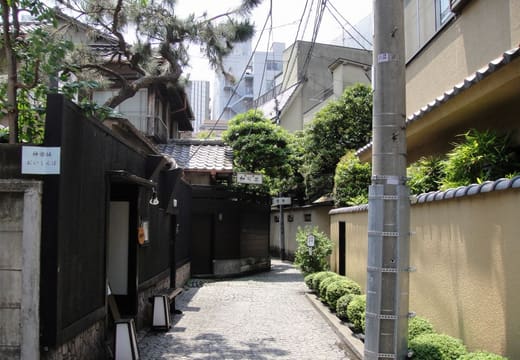 Stone-paved Kagurazaka backstreet alley between black wooden fences and ryotei walls