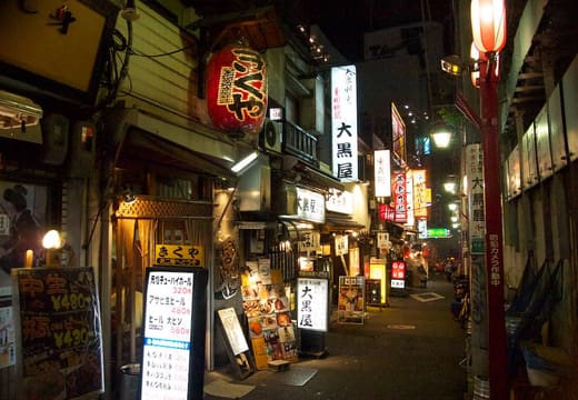 Red lanterns and tiny yakitori counters along Omoide Yokocho alley beside Shinjuku Station at night