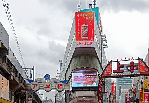 Crowds under the Ameyoko gate sign on the Ameya-yokocho market street near Ueno Station