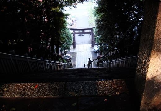 View down the dark staircase to the torii at the foot of Atago Hill, Toranomon