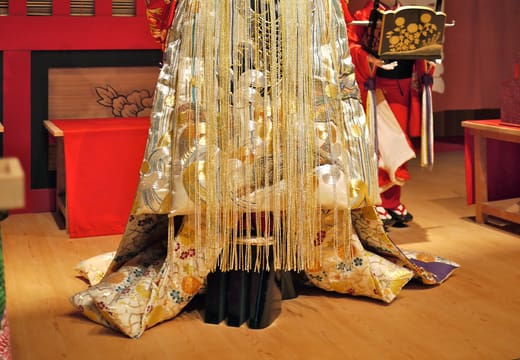 Life-size kabuki figure in a lavish embroidered costume inside the Edo-Tokyo Museum