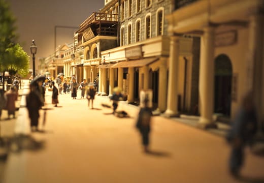 Detailed miniature model of a Meiji-era Tokyo street of Western buildings at the Edo-Tokyo Museum