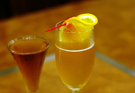 Glasses of Denki Bran, the house brandy liqueur, served at Kamiya Bar in Asakusa