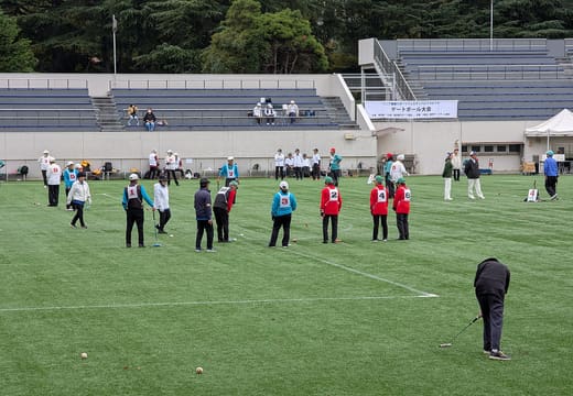 Players on the grass sports field inside the stadium of Komazawa Olympic Park