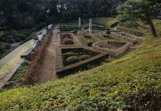 Geometric terraced rose garden below the mansion at Kyu-Furukawa Gardens, Komagome