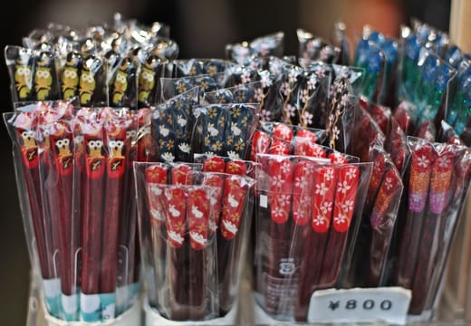 Bundles of decorated chopsticks for sale at a souvenir stall on Nakamise, Asakusa