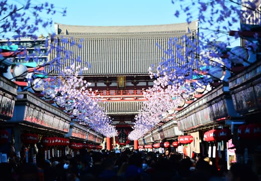 Crowds under hanging spring blossom decorations on Nakamise with the Hozomon gate ahead