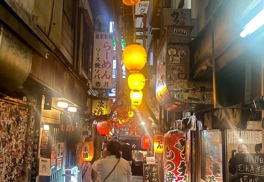 Lantern-lit lane of Omoide Yokocho after dark with drinkers walking between the stalls