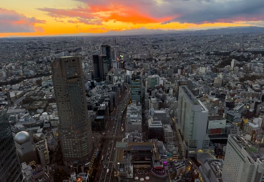 Sunset over Shibuya and its towers seen from the Shibuya Sky observation deck
