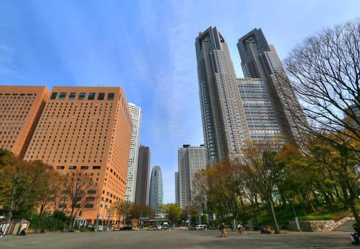 Twin towers of the Tokyo Metropolitan Government Building above the trees of Shinjuku Chuo Park
