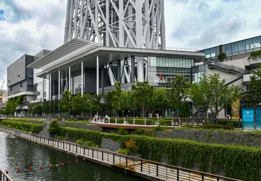 Tokyo Solamachi and its riverside promenade along the Kitajukken River below Skytree