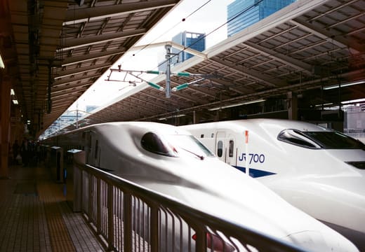 Tokaido Shinkansen bullet trains waiting at the platforms of Tokyo Station