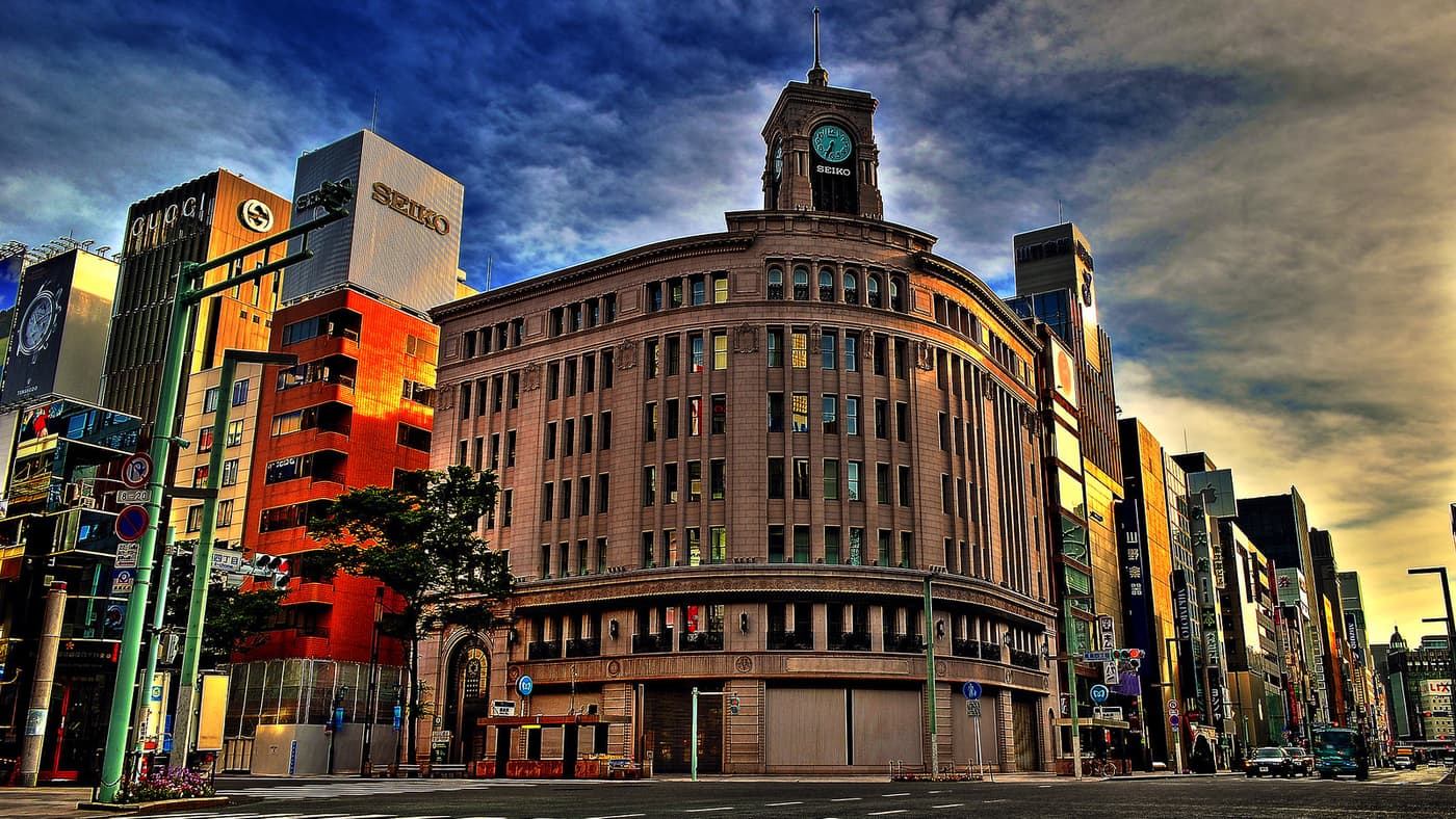 The Wako clock tower above the Ginza 4-chome crossing on a clear day