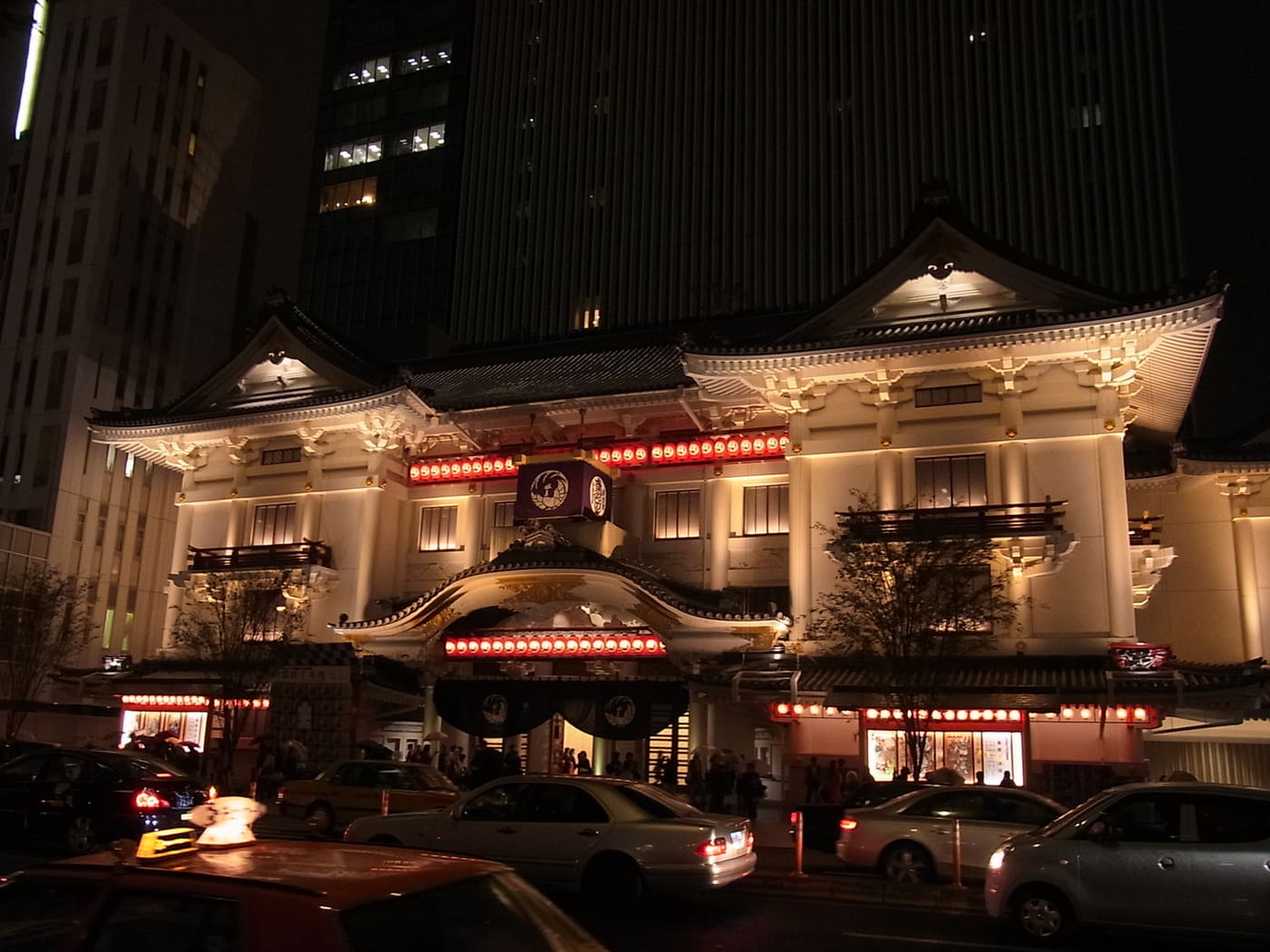 The Kabukiza theatre facade in Ginza lit up at night