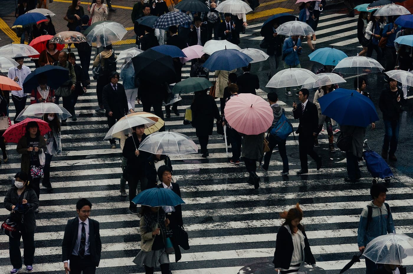 Pedestrians with umbrellas crossing the Shibuya Scramble in the rain