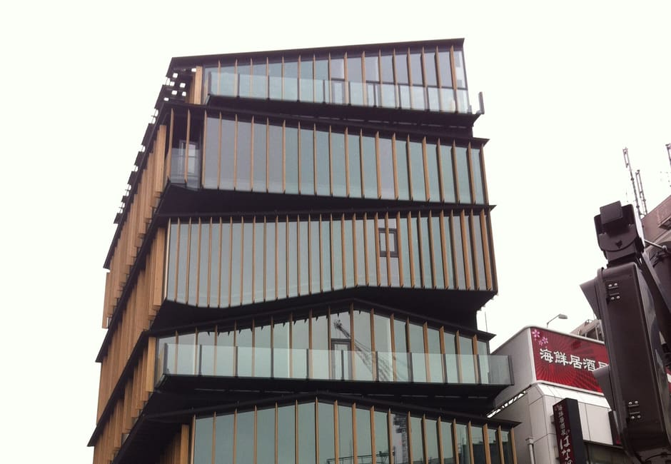Kengo Kuma's stacked timber-slatted Asakusa Culture Tourist Information Center opposite Kaminarimon