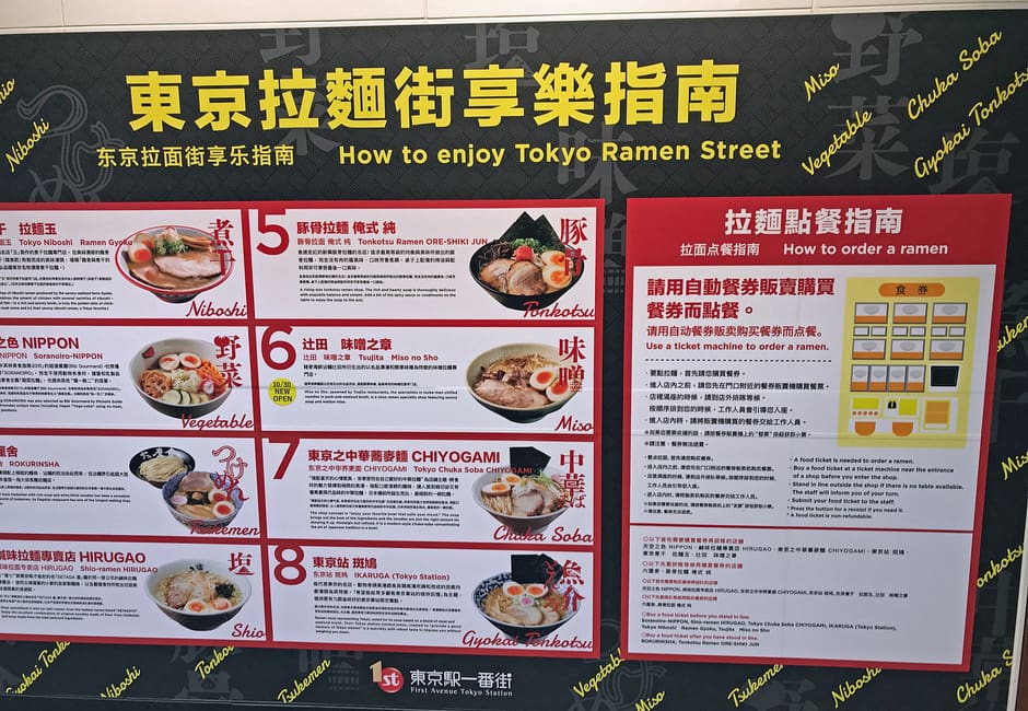 Tokyo Ramen Street guide board listing its ramen shops in the Tokyo Station basement