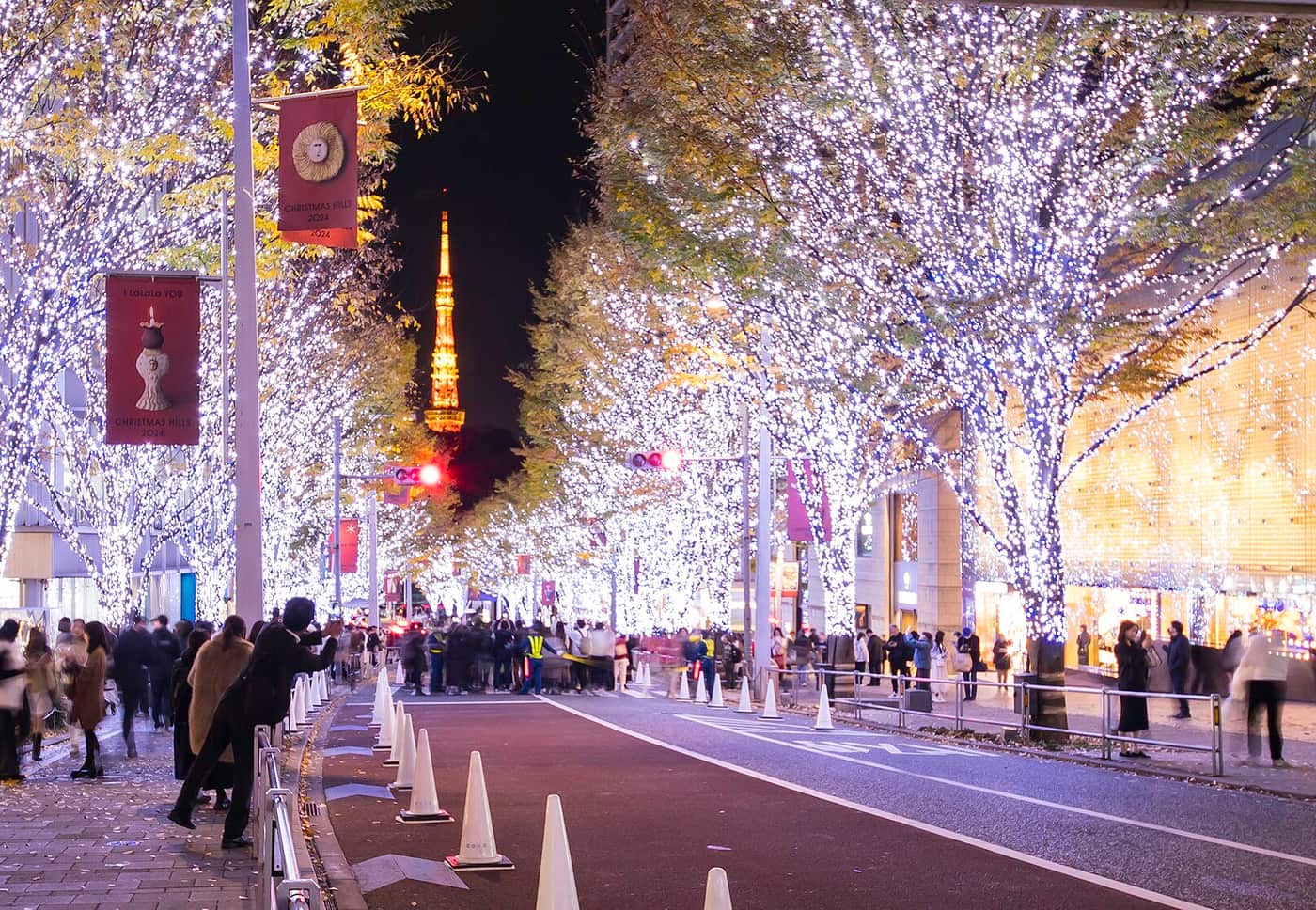 Keyakizaka-dori trees lit white and blue with Tokyo Tower glowing beyond, Roppongi