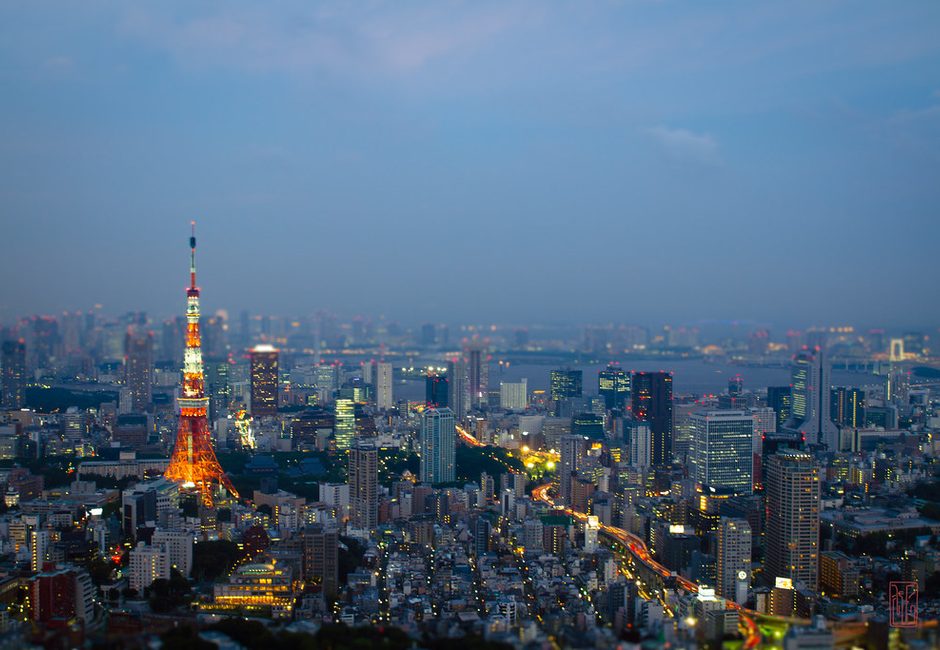 Tokyo Tower and the city skyline stretching to the bay at dusk