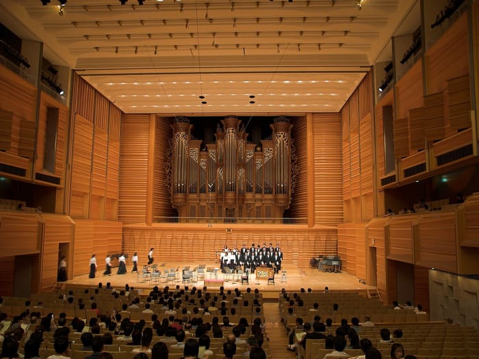 Wooden concert hall and pipe organ of the Sogakudo at Tokyo University of the Arts
