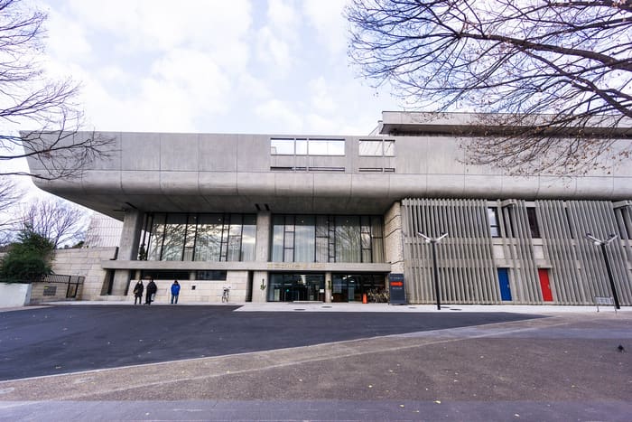 The concrete modernist front of Tokyo Bunka Kaikan in Ueno Park